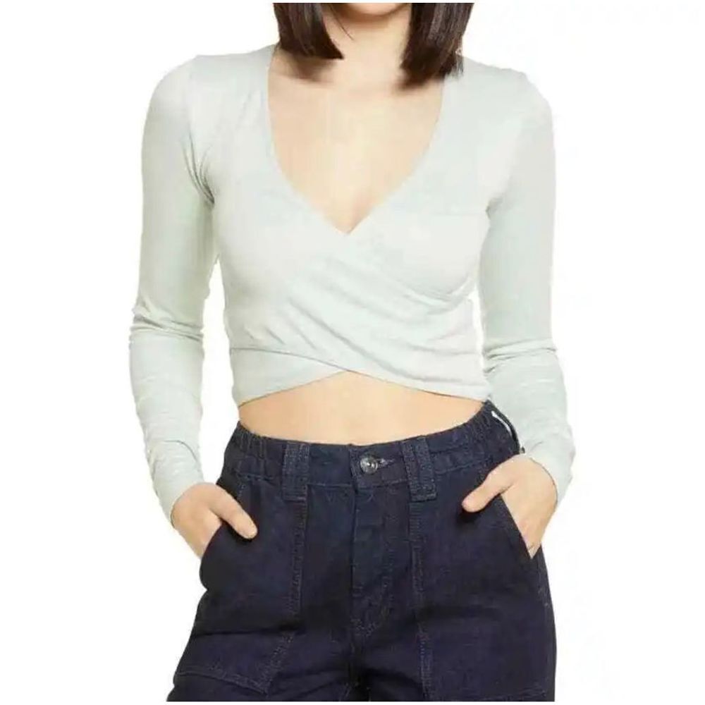 BDG Light Green Ribbed Long Sleeve V-Neck‎ Faux Wrap Crop Top Women's Small